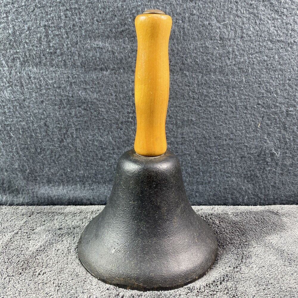Vintage Cast Iron Hand Bell Wood Handle 7" Tall 4.75" School Teacher Cottagecore